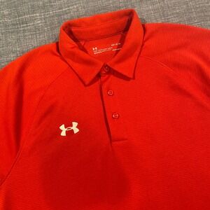 Under Armour Mens HeatGear Polo Shirt Large Red White Mesh Side Panels Loose Fit